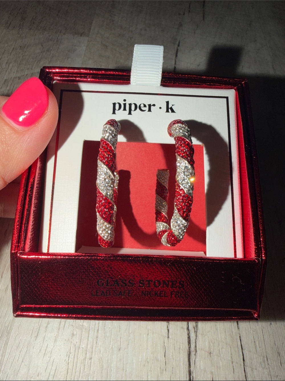 Piper·K Red and Silver Twisted Candy Cane Hoop Earrings - Picture 3 of 6